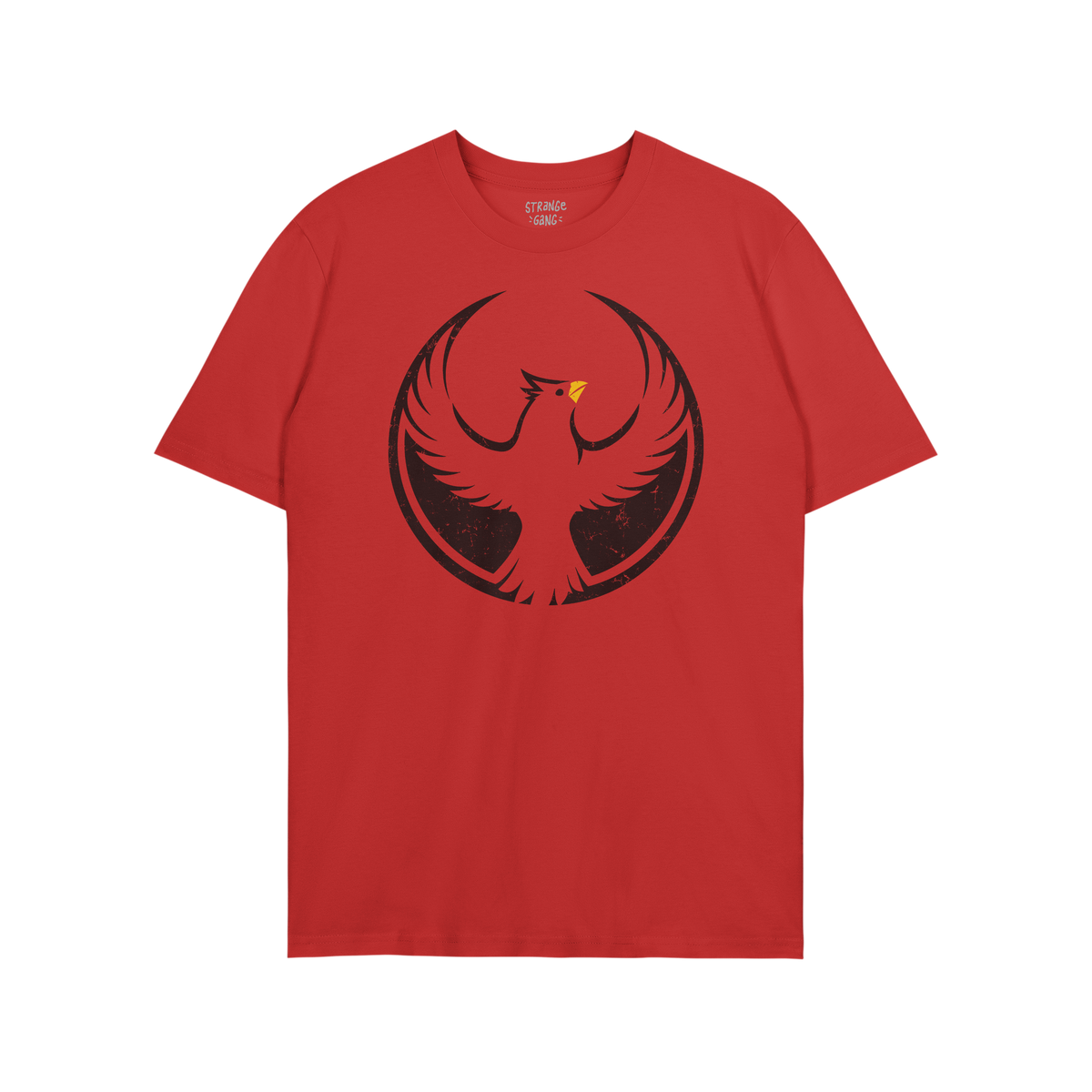 Northern Cardinal Rebel Alliance T-shirt featuring a distressed black firebird graphic with yellow beak, symbolizing protest 