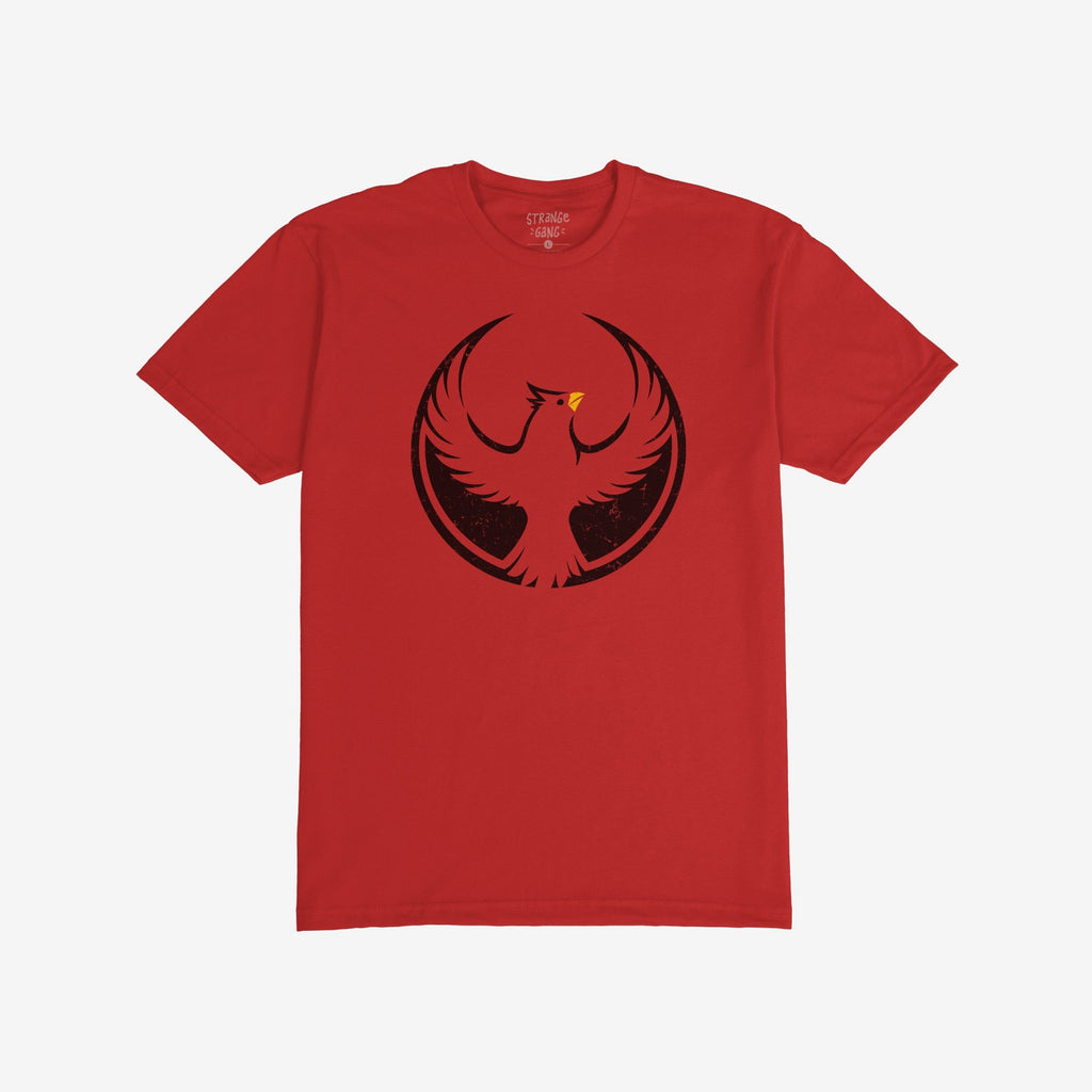 St. Louis Rebel Alliance T-shirt featuring a black phoenix emblem on red fabric, symbolizing anti-fascism and equality. The crew-neck shirt is laid flat, showcasing its bold design.