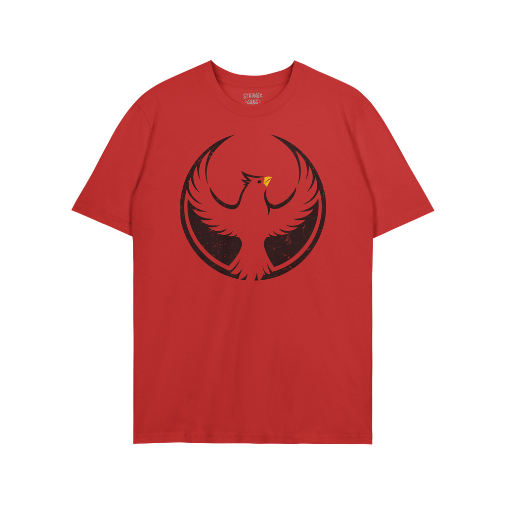 St. Louis Rebel Alliance T-shirt featuring a black phoenix emblem on red fabric, symbolizing anti-fascism and equality. The c