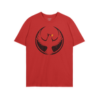 St. Louis Rebel Alliance T-shirt featuring a black phoenix emblem on red fabric, symbolizing anti-fascism and equality. The c