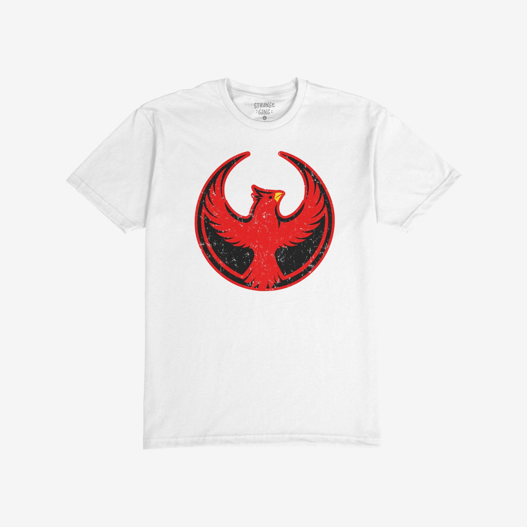 St. Louis Rebel Alliance T-shirt featuring a red phoenix graphic in a circle, symbolizing resistance and equality. Ideal for protest wear, showing support for immigrant rights and equality.