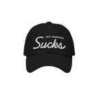 Not Drinking Sucks Hat features bold, white embroidered text on a black baseball cap, capturing a playful and honest party sp