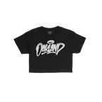 Oakland Handstyle Women's Baby Tee in black features bold, white graffiti-style Oakland script across the chest, embodying ed