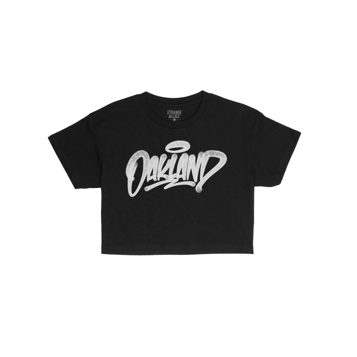 Oakland Handstyle Women's Baby Tee in black features bold, white graffiti-style Oakland script across the chest, embodying ed