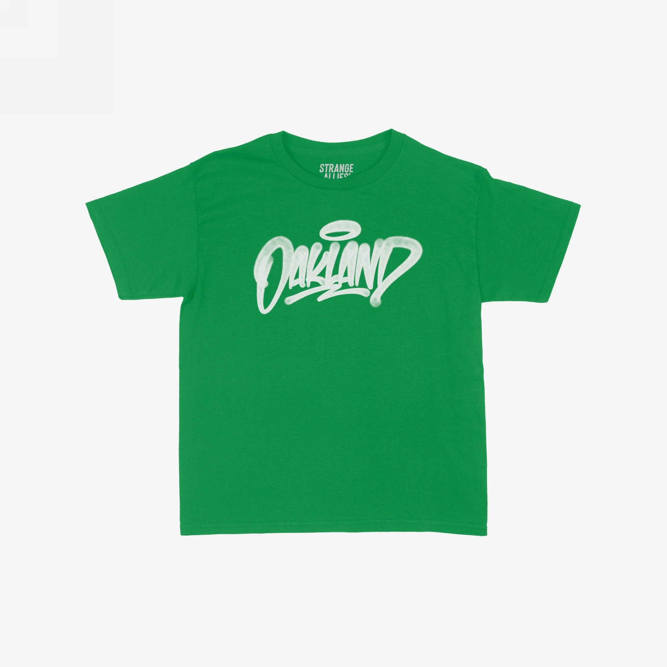 Oakland Handstyle Women's Baby Tee featuring a stylized white Oakland graffiti logo with a halo tag on a green short-sleeved shirt, embodying a confident, urban style ideal for city enthusiasts.