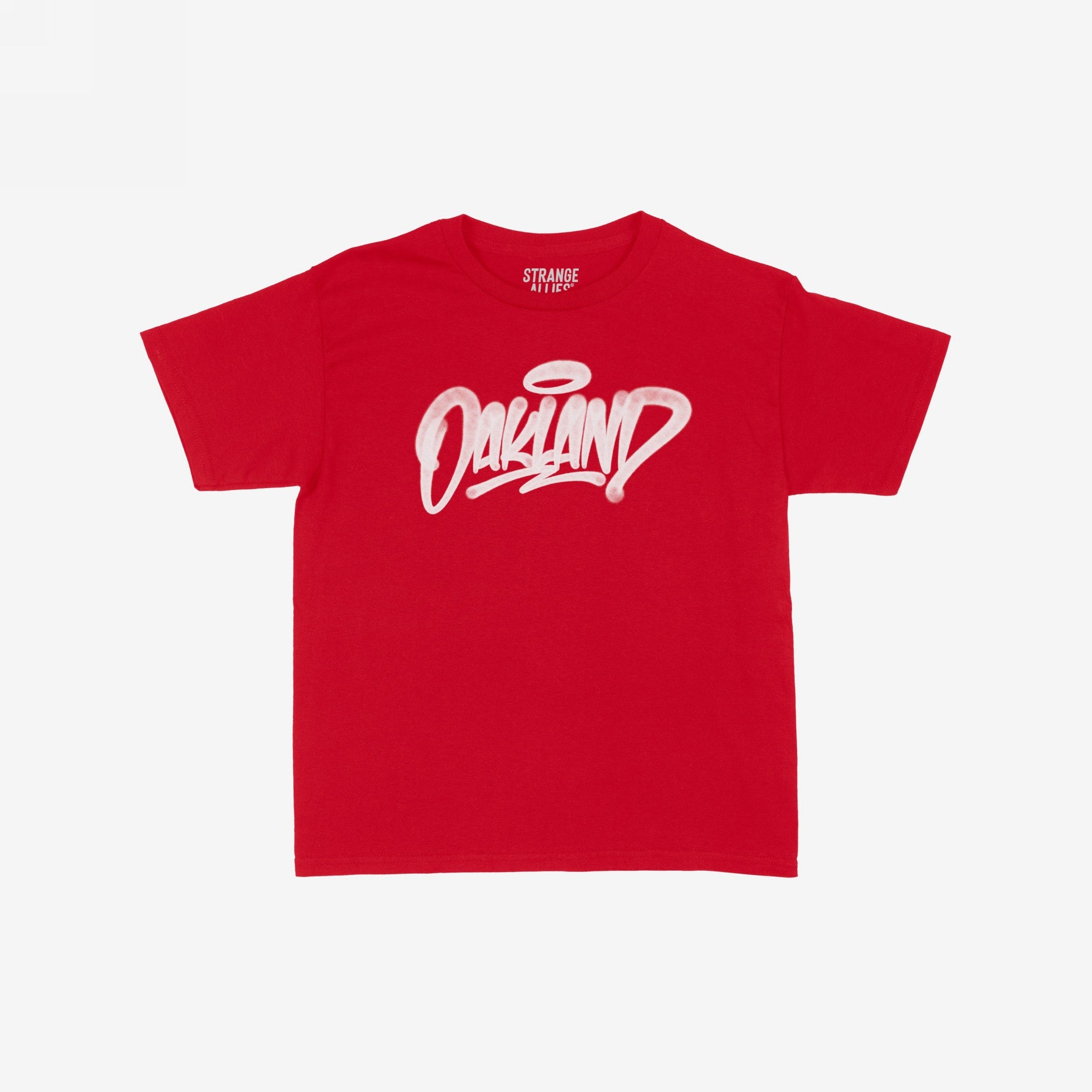 Oakland Handstyle Women's Baby Tee: Red short-sleeve shirt featuring a white Oakland graffiti-style graphic across the chest, designed with a halo accent over the O, embodying bold urban confidence.