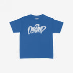 Royal-blue Oakland Handstyle Women's Baby Tee with white graffiti-style Oakland and halo accent, laid flat. Bold streetwear style, embodying confidence and local pride, perfect for urban fashion enthusiasts.