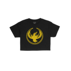 Oregon Rebel Alliance Women's Baby Tee features a distressed-gold meadowlark design, symbolizing protest and unity, ideal for