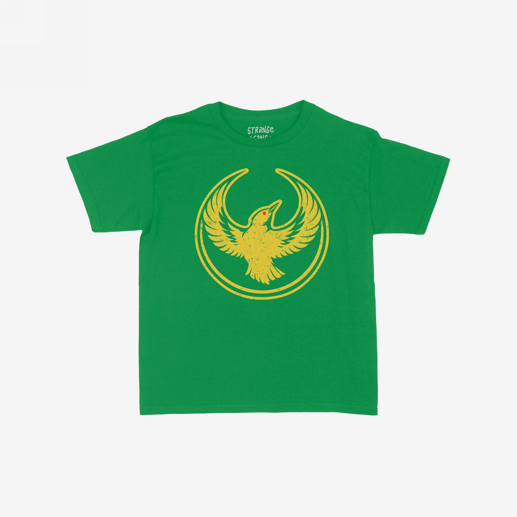 Oregon Rebel Alliance Women's Baby Tee featuring a large yellow stylized bird graphic on a green shirt, embodying anti-fascist and activist spirit with a retro Y2K vibe.