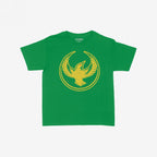 Oregon Rebel Alliance Women's Baby Tee featuring a large yellow stylized bird graphic on a green shirt, embodying anti-fascist and activist spirit with a retro Y2K vibe.