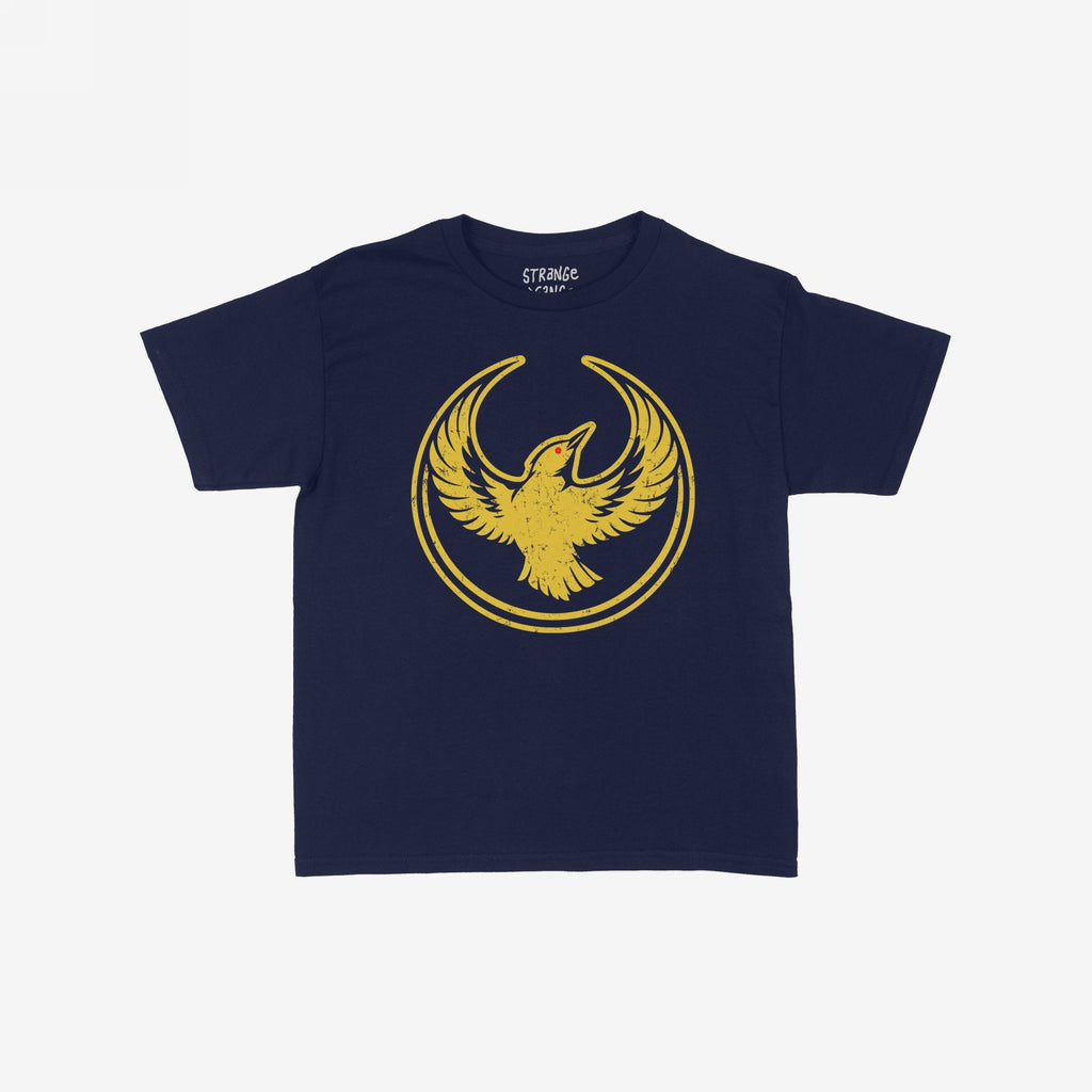 Oregon Rebel Alliance Women's Baby Tee featuring a navy-blue crew neck with short sleeves, showcases a distressed golden-yellow phoenix emblem, embodying a bold statement for equality and activism.