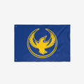 The Oregon Rebel Alliance Flag features a golden bird emblem, symbolizing solidarity and defiance, encircled by rings on a blue background, equipped with grommets for hanging.