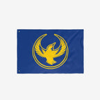 The Oregon Rebel Alliance Flag features a golden bird emblem, symbolizing solidarity and defiance, encircled by rings on a blue background, equipped with grommets for hanging.