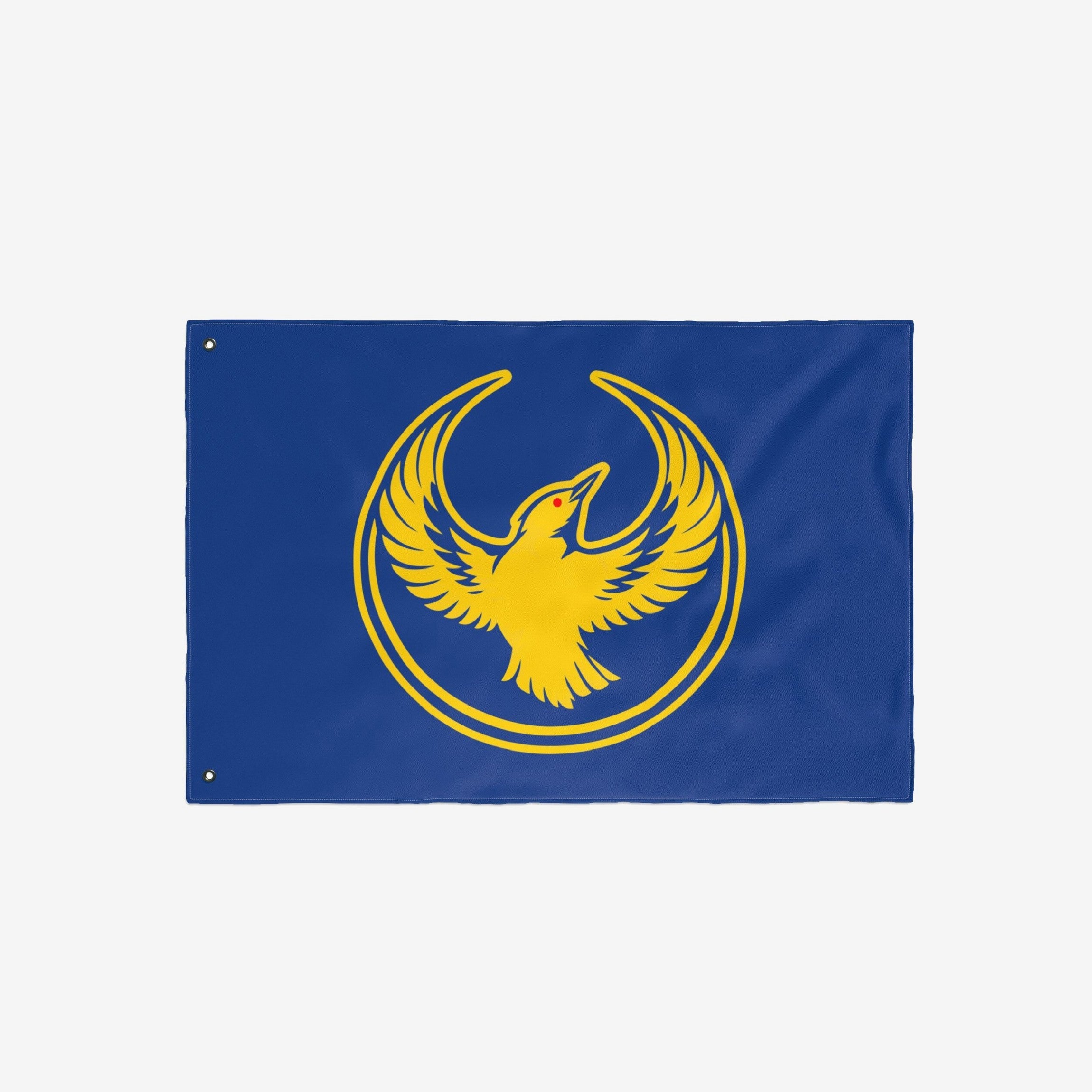 The Oregon Rebel Alliance Flag features a golden bird emblem, symbolizing solidarity and defiance, encircled by rings on a blue background, equipped with grommets for hanging.