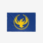 Oregon Rebel Alliance Flag featuring a golden-yellow bird in flight, symbolizing solidarity and defiance, enclosed by arcs. Perfect for displaying political beliefs and supporting equality.