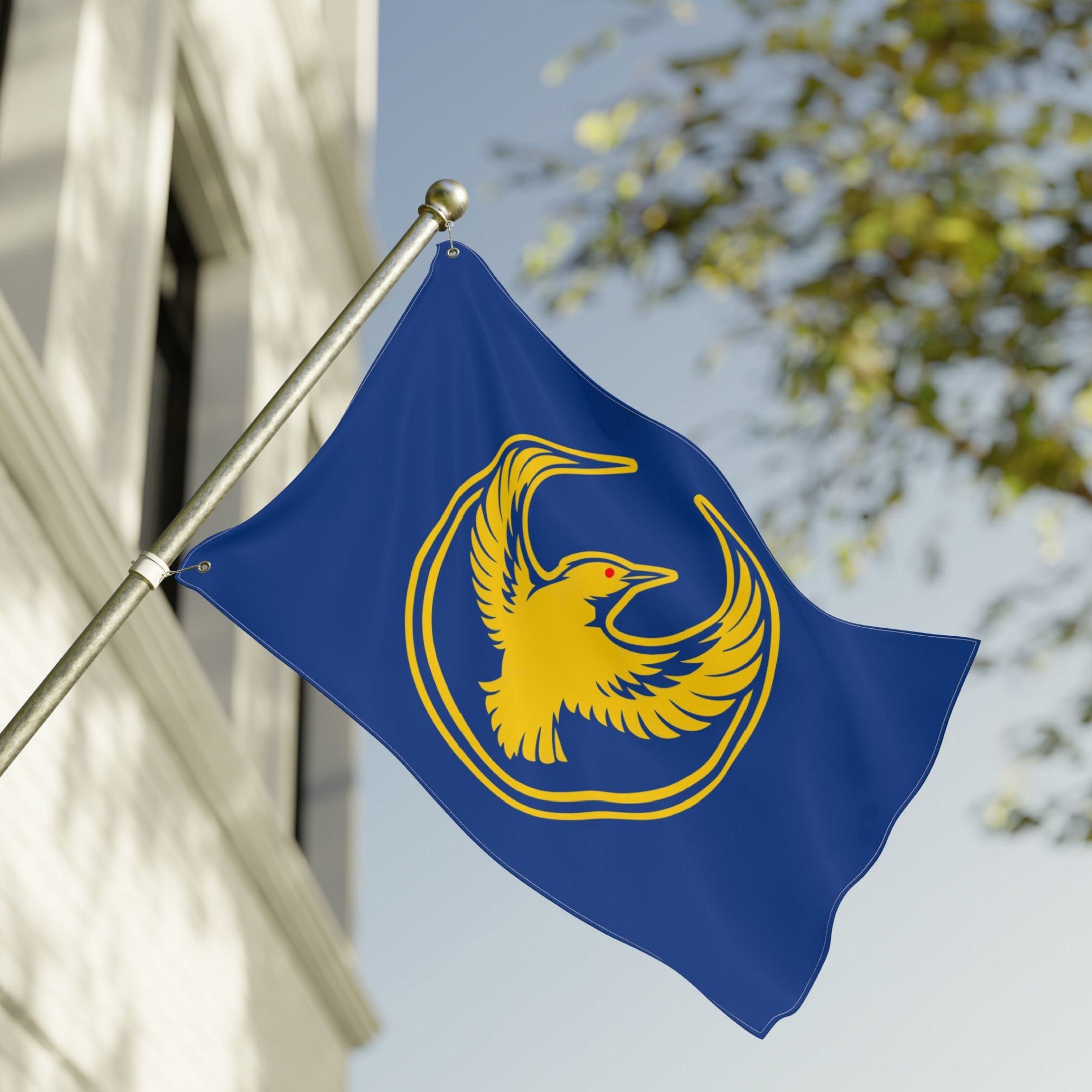 Oregon Rebel Alliance Flag featuring a golden-yellow meadowlark with raised wings on a blue background, symbolizing solidarity and defiance. Perfect for protests and showcasing Oregon pride.