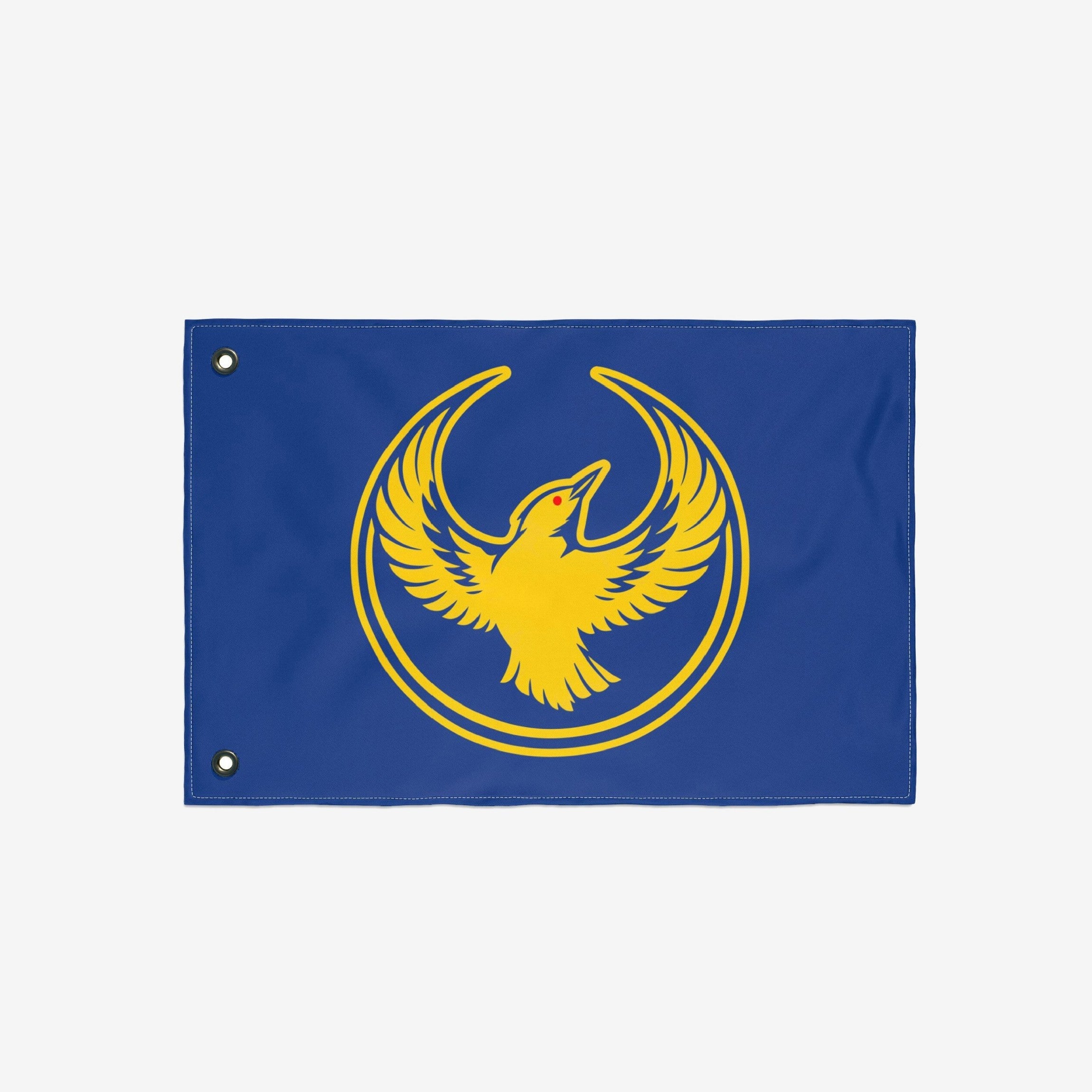 Oregon Rebel Alliance Flag featuring a yellow meadowlark emblem on royal-blue fabric, symbolizing defiance and solidarity. Ideal for protests or display, with metal grommets for hanging.