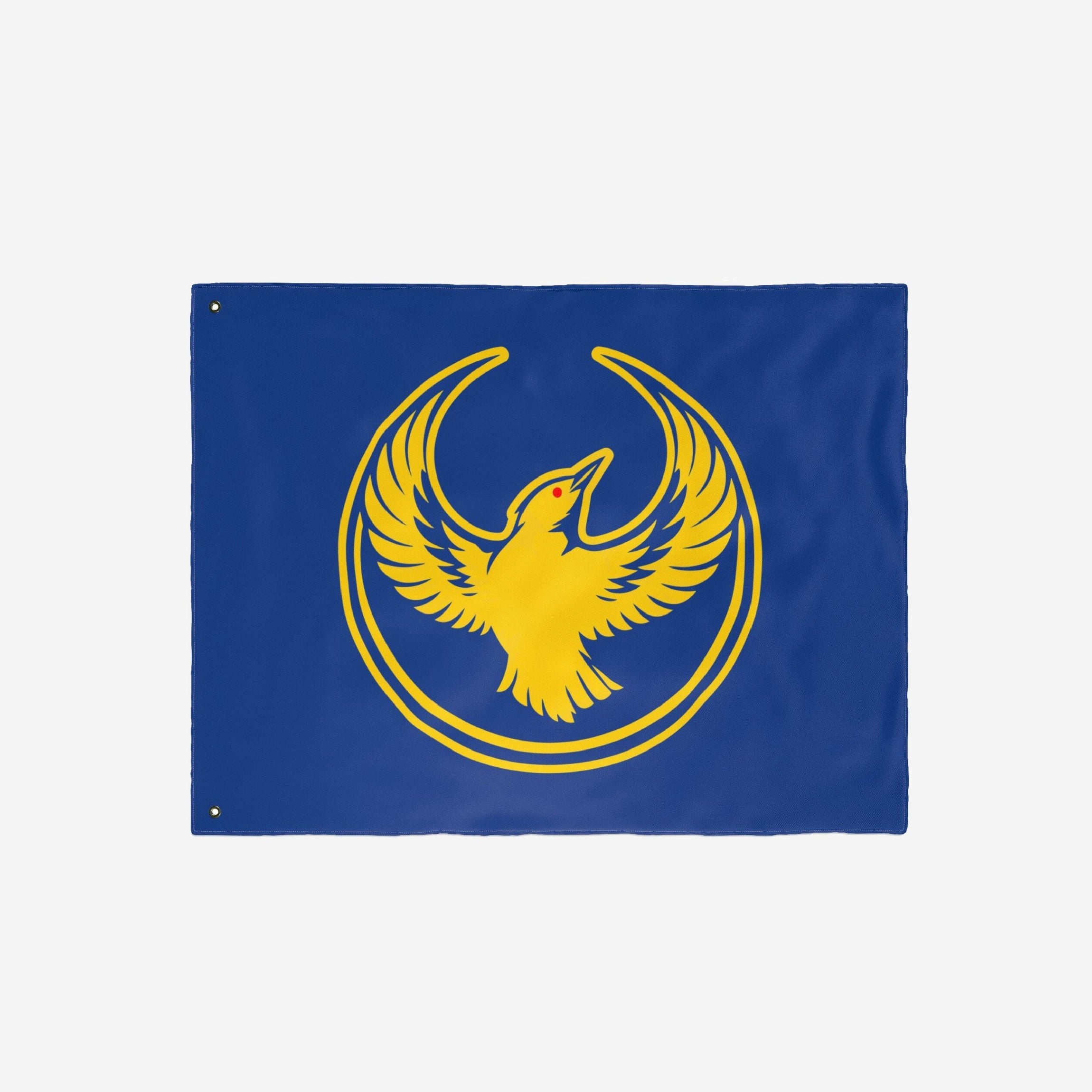 Oregon Rebel Alliance Flag featuring a stylized yellow-gold phoenix emblem on a deep blue background, symbolizing solidarity and defiance. Includes metal grommets for easy hanging.