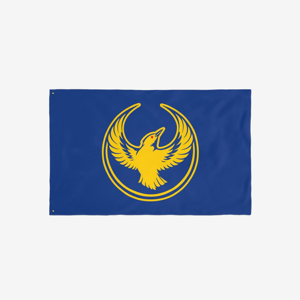 Oregon Rebel Alliance Flag featuring a central golden stylized bird with outstretched wings, framed by golden rings. Represents solidarity and defiance, perfect for displaying Oregon pride and supporting anti-fascist values.