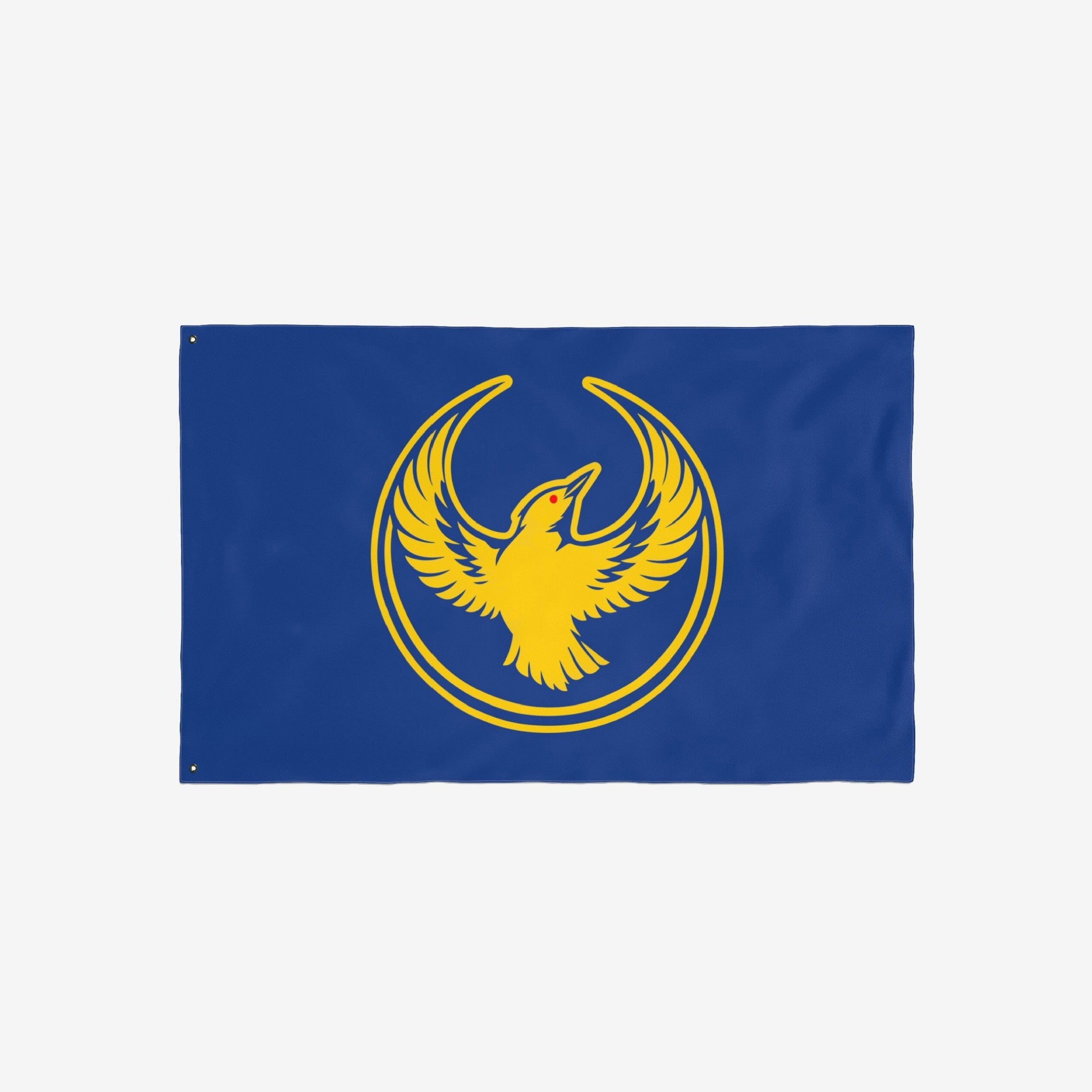 Oregon Rebel Alliance Flag featuring a central golden stylized bird with outstretched wings, framed by golden rings. Represents solidarity and defiance, perfect for displaying Oregon pride and supporting anti-fascist values.