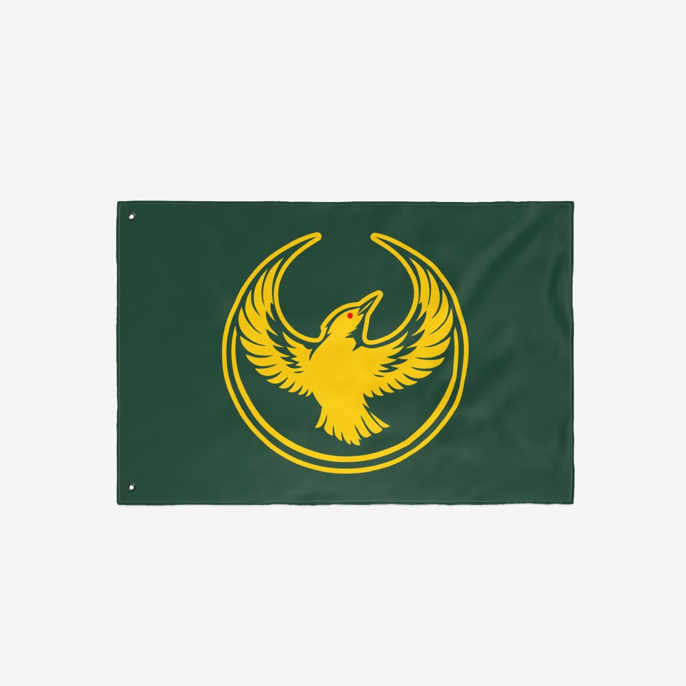 Oregon Rebel Alliance Flag featuring a stylized golden-yellow bird within a double-ring circle on a green background, symbolizing solidarity and defiance with metal grommets for mounting.