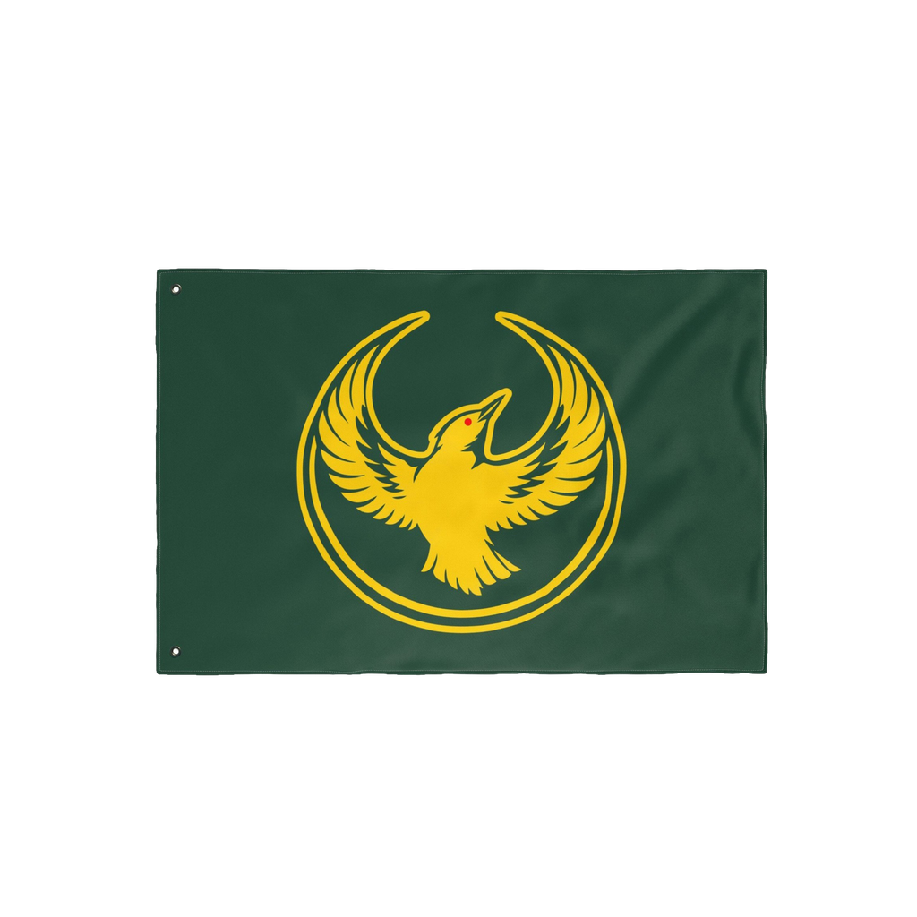 Oregon Rebel Alliance Flag featuring a stylized golden-yellow bird within a double-ring circle on a green background, symboli