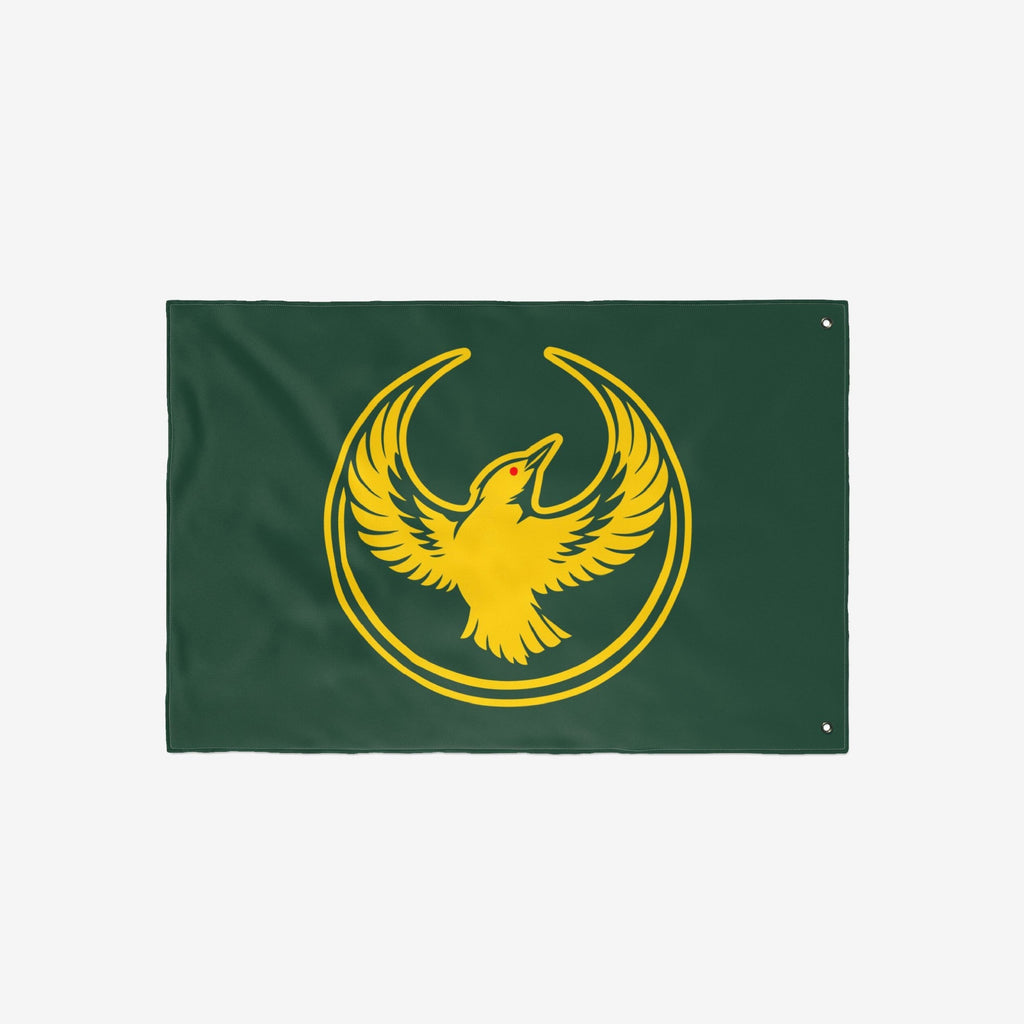 Oregon Rebel Alliance Flag featuring a stylized golden bird emblem symbolizing solidarity and defiance, printed on a dark-green background with grommets for hanging, ideal for protest or display.