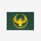 Oregon Rebel Alliance Flag featuring a stylized golden bird emblem symbolizing solidarity and defiance, printed on a dark-green background with grommets for hanging, ideal for protest or display.