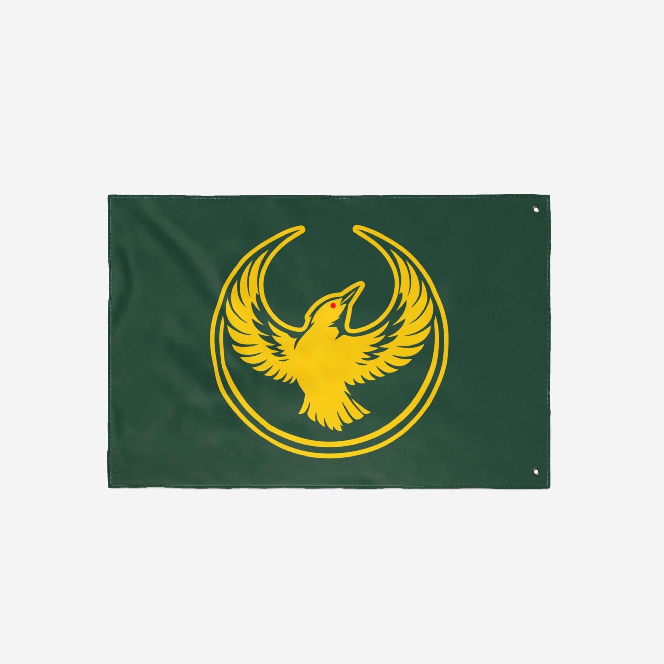 Oregon Rebel Alliance Flag featuring a stylized golden bird emblem symbolizing solidarity and defiance, printed on a dark-green background with grommets for hanging, ideal for protest or display.