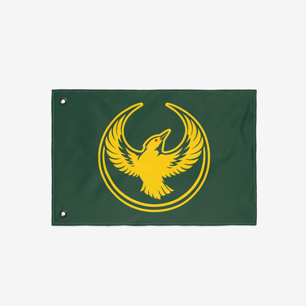 Oregon Rebel Alliance Flag features a bold, stylized yellow bird within a yellow ring on a dark-green background, symbolizing solidarity and defiance. Equipped with two metal grommets for hanging.