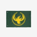 Oregon Rebel Alliance Flag features a bold, stylized yellow bird within a yellow ring on a dark-green background, symbolizing solidarity and defiance. Equipped with two metal grommets for hanging.