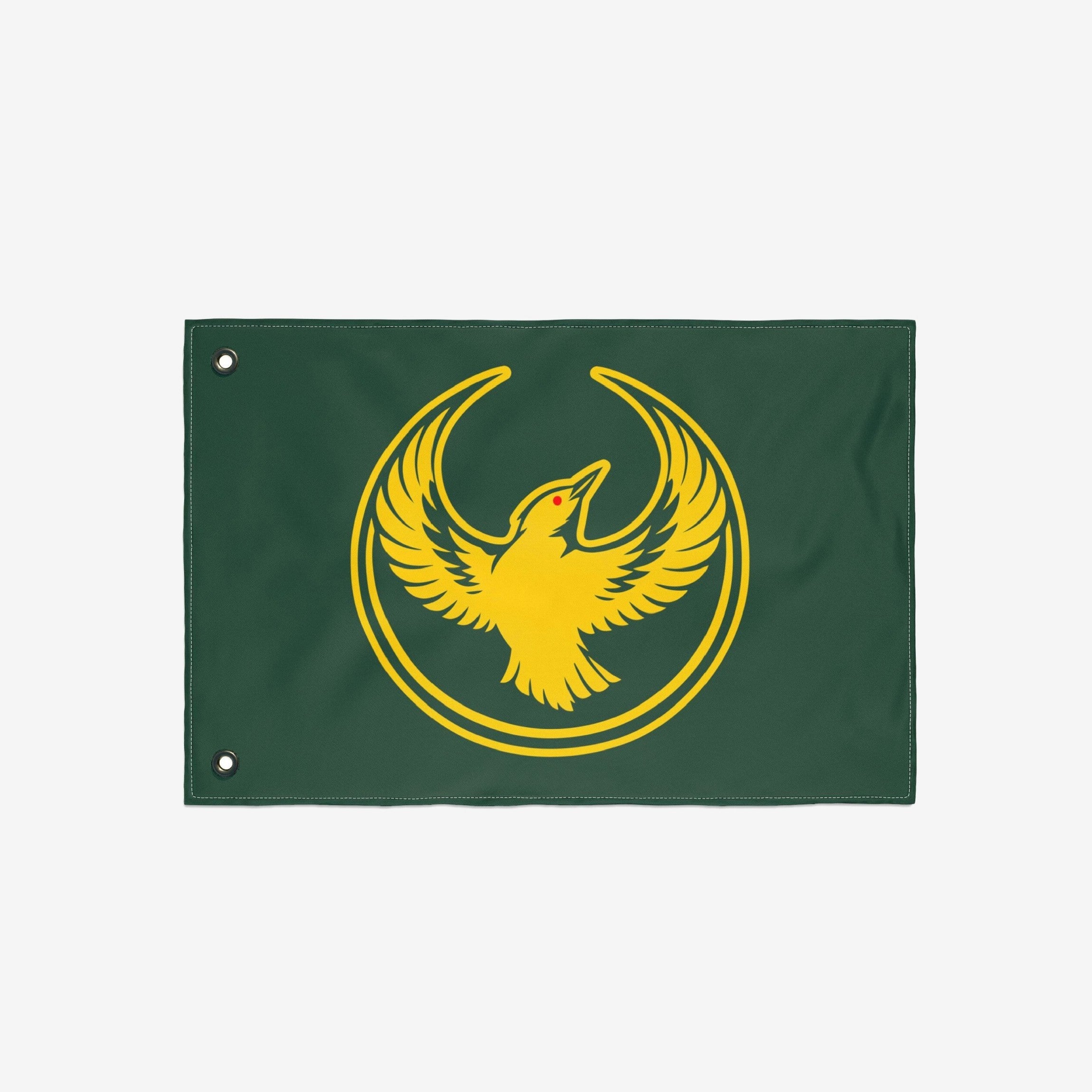 Oregon Rebel Alliance Flag features a bold, stylized yellow bird within a yellow ring on a dark-green background, symbolizing solidarity and defiance. Equipped with two metal grommets for hanging.