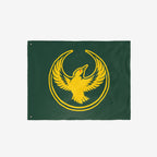 Oregon Rebel Alliance Flag features a golden-yellow bird with outstretched wings, symbolizing solidarity and defiance, set against a dark green backdrop with metal grommets for hanging.