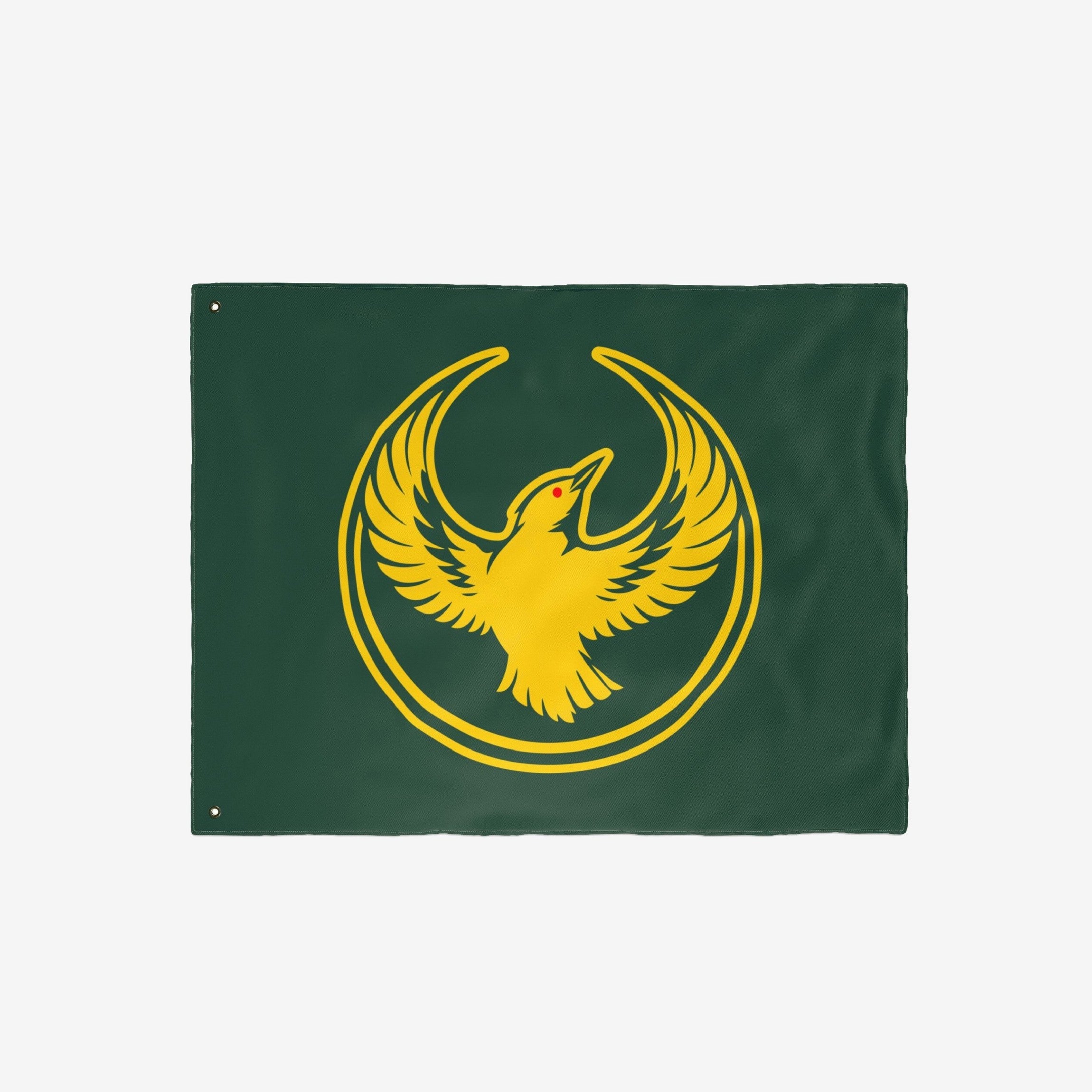 Oregon Rebel Alliance Flag features a golden-yellow bird with outstretched wings, symbolizing solidarity and defiance, set against a dark green backdrop with metal grommets for hanging.