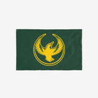 Oregon Rebel Alliance Flag featuring a stylized yellow-gold bird with outstretched wings, symbolizing solidarity and defiance, set within concentric crescents. Ideal for making a bold political statement.
