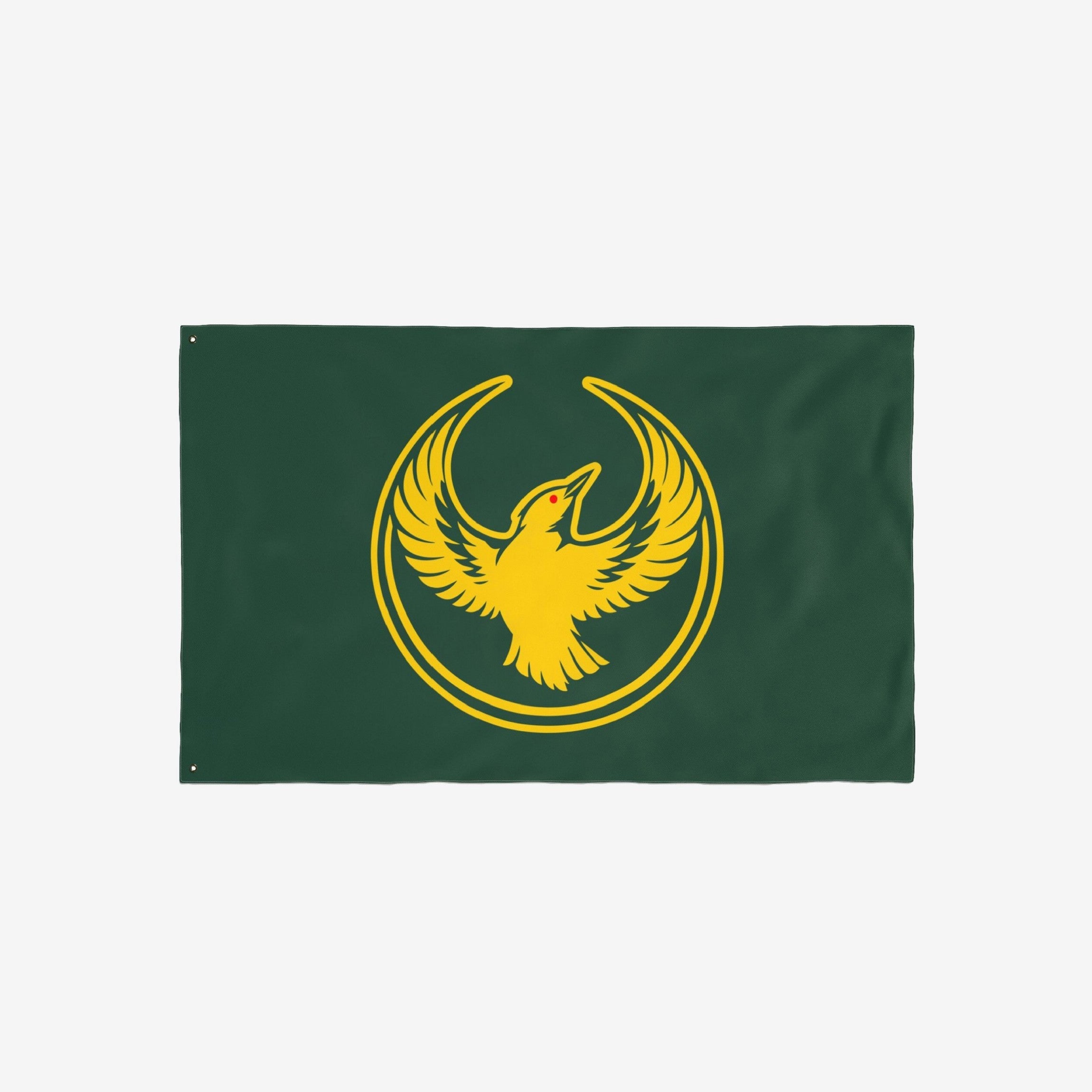 Oregon Rebel Alliance Flag featuring a stylized yellow-gold bird with outstretched wings, symbolizing solidarity and defiance, set within concentric crescents. Ideal for making a bold political statement.