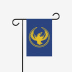 Oregon Rebel Alliance Garden Flag featuring a stylized golden-yellow bird, symbolizing equality and resistance, on a blue background. Ideal for displaying political pride and supporting immigrant rights.