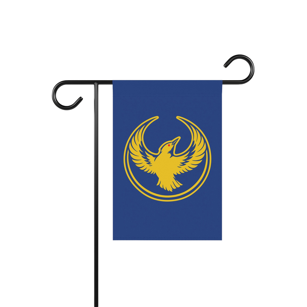 Oregon Rebel Alliance Garden Flag featuring a stylized golden-yellow bird, symbolizing equality and resistance, on a blue bac
