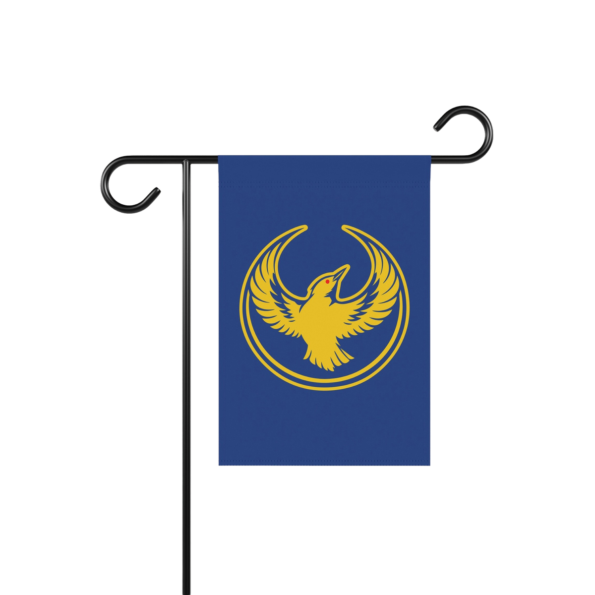 Oregon Rebel Alliance Garden Flag featuring a stylized golden-yellow bird, symbolizing equality and resistance, on a blue bac