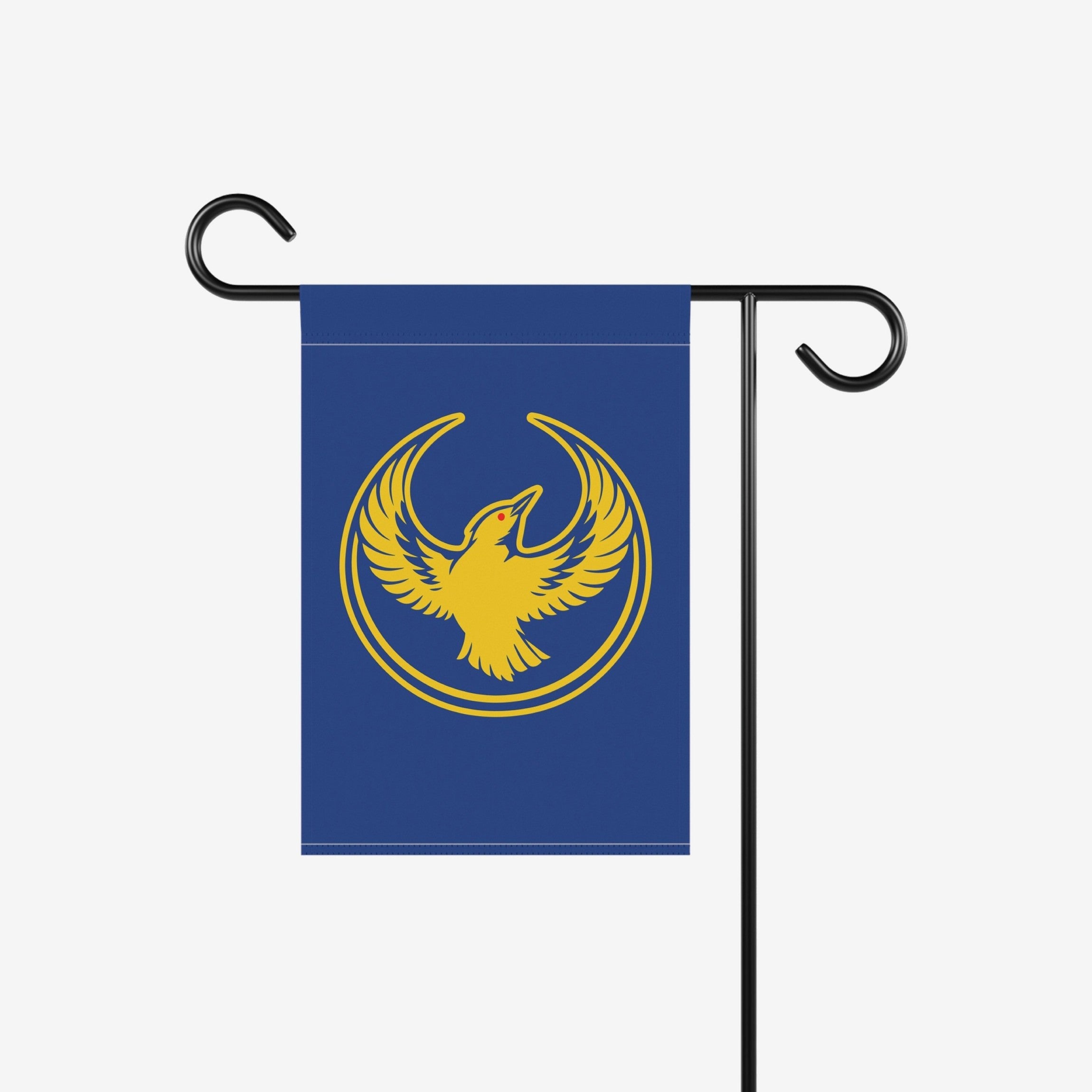 Oregon Rebel Alliance Garden Flag with a golden-yellow bird emblem on a royal blue background, representing immigrant rights and equality, mounted on a black metal stand.