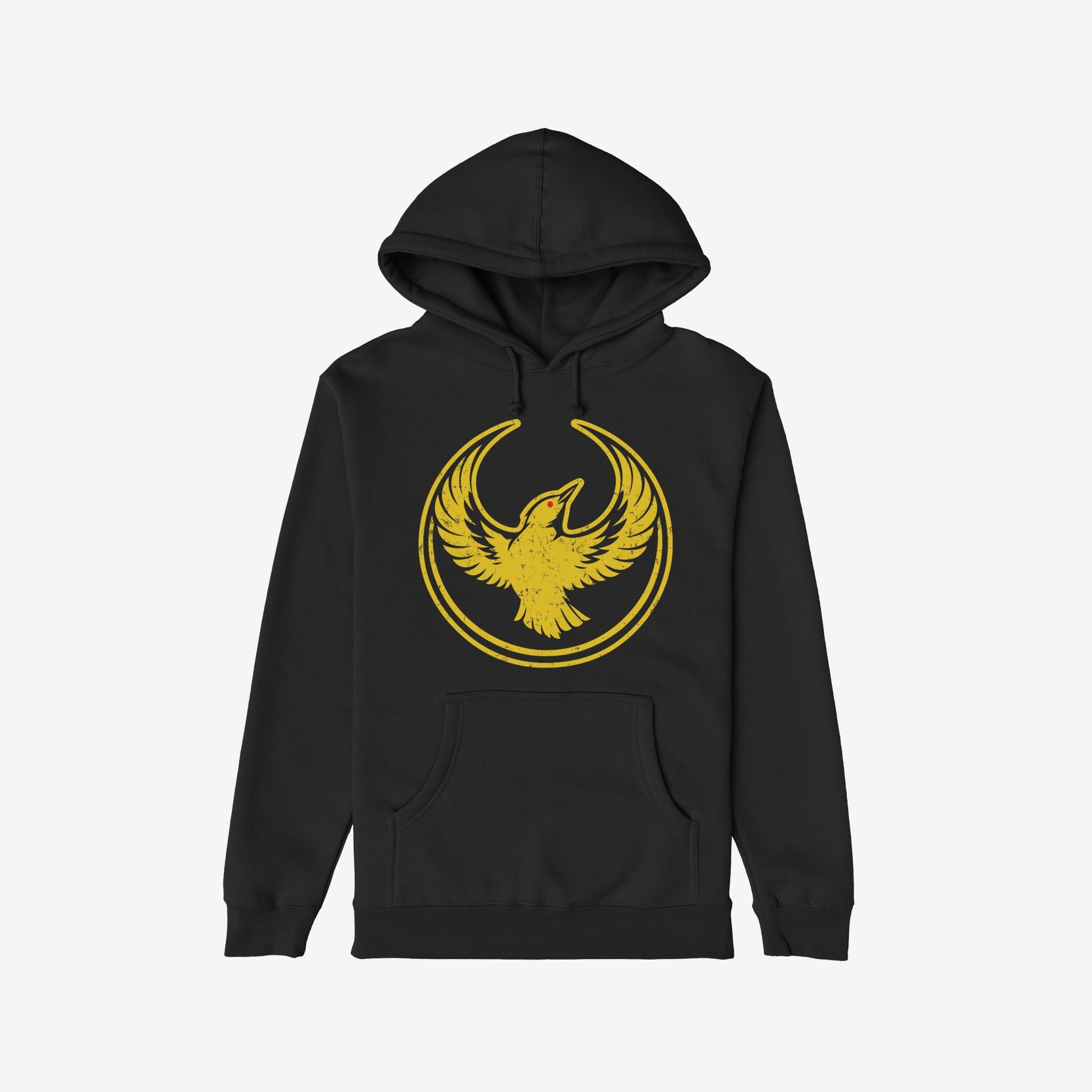 Oregon Rebel Alliance Hoodie & Sweatshirt features a black design with a distressed golden-yellow bird graphic, symbolizing protest and community support. Ideal for marches and rallies, embodying a bold, lived-in aesthetic.