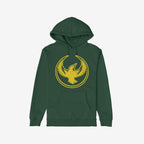Forest-green Oregon Rebel Alliance Hoodie with a distressed golden-yellow phoenix graphic, symbolizing anti-fascism. Features a kangaroo pocket and drawstring hood, embodying a bold statement for community and immigrant rights supporters.