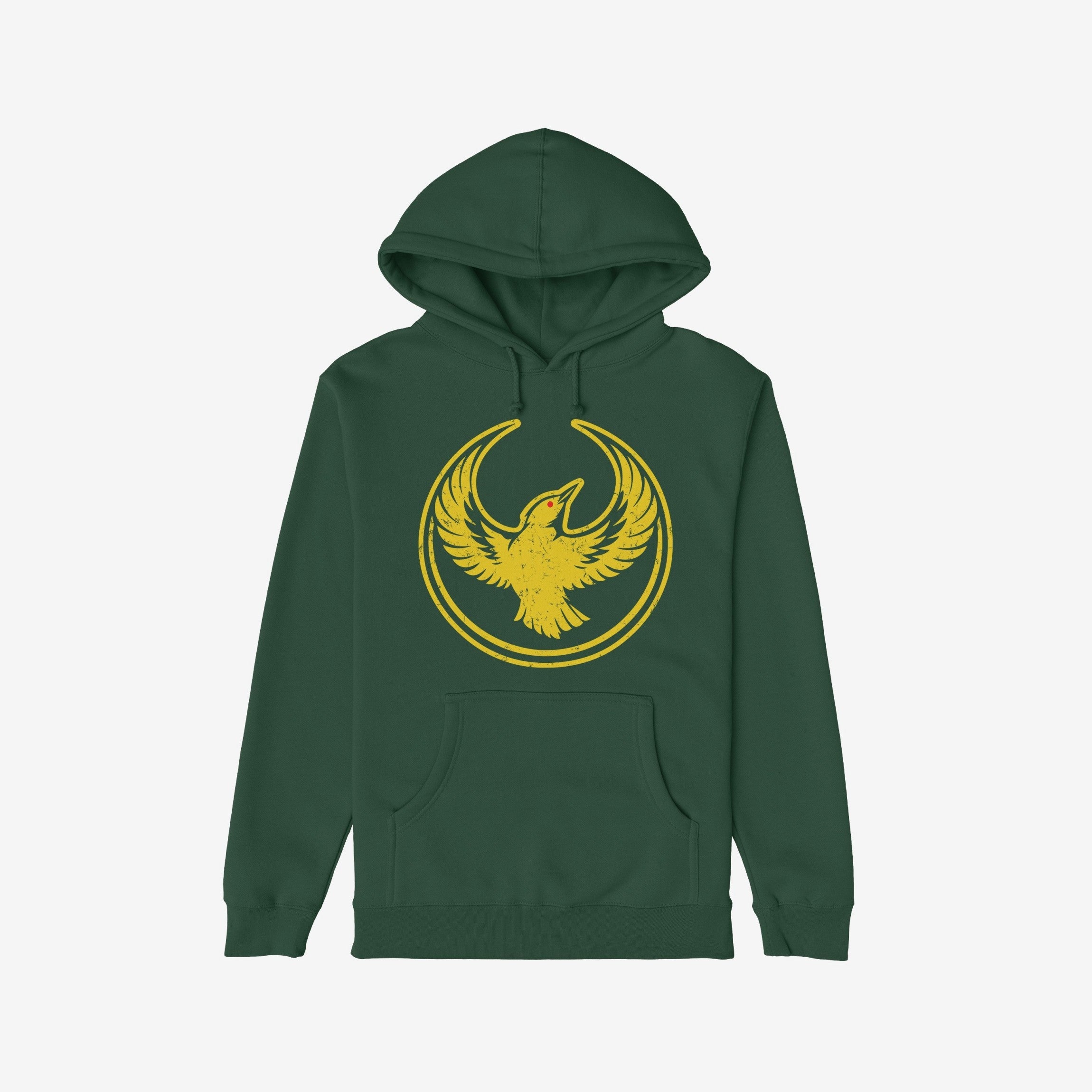 Forest-green Oregon Rebel Alliance Hoodie with a distressed golden-yellow phoenix graphic, symbolizing anti-fascism. Features a kangaroo pocket and drawstring hood, embodying a bold statement for community and immigrant rights supporters.
