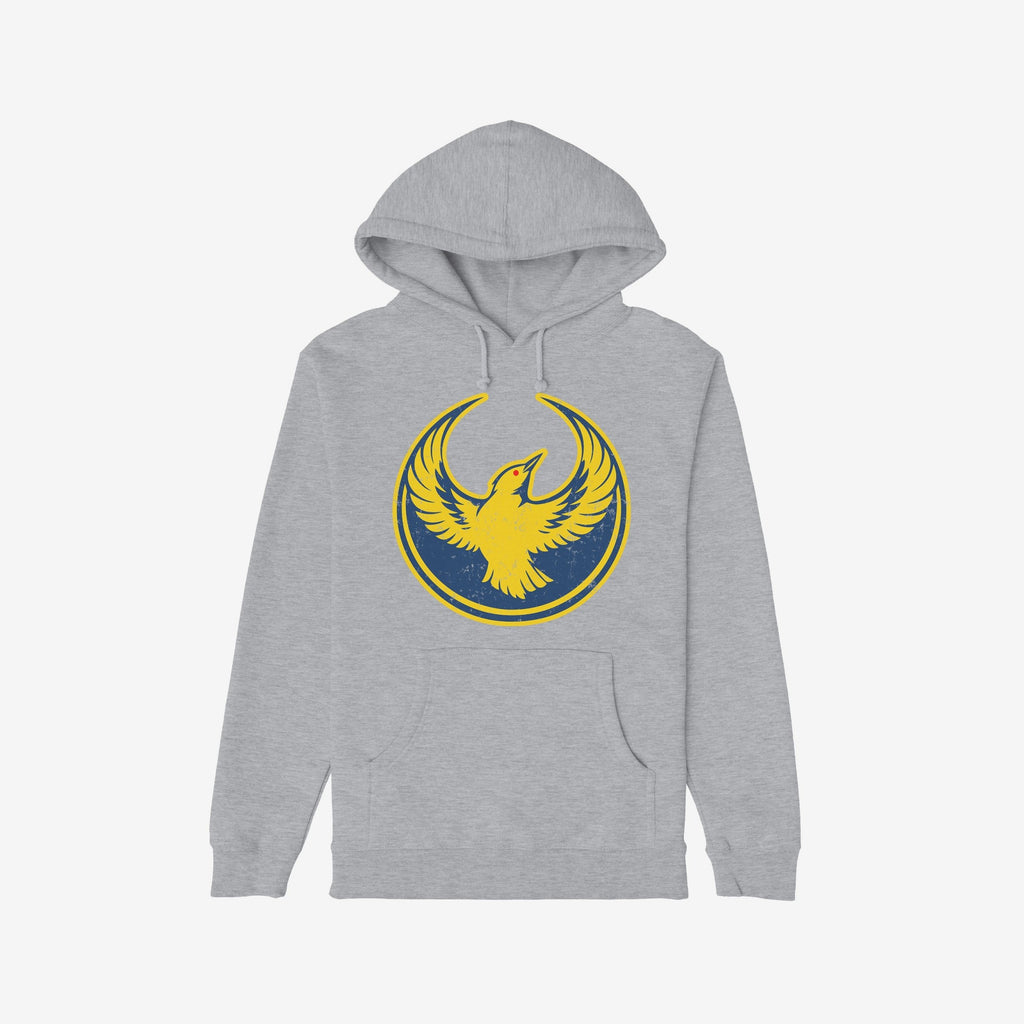 The Oregon Rebel Alliance Hoodie features a light-gray pullover design with a yellow phoenix graphic on the chest, symbolizing anti-fascist protest and community support.