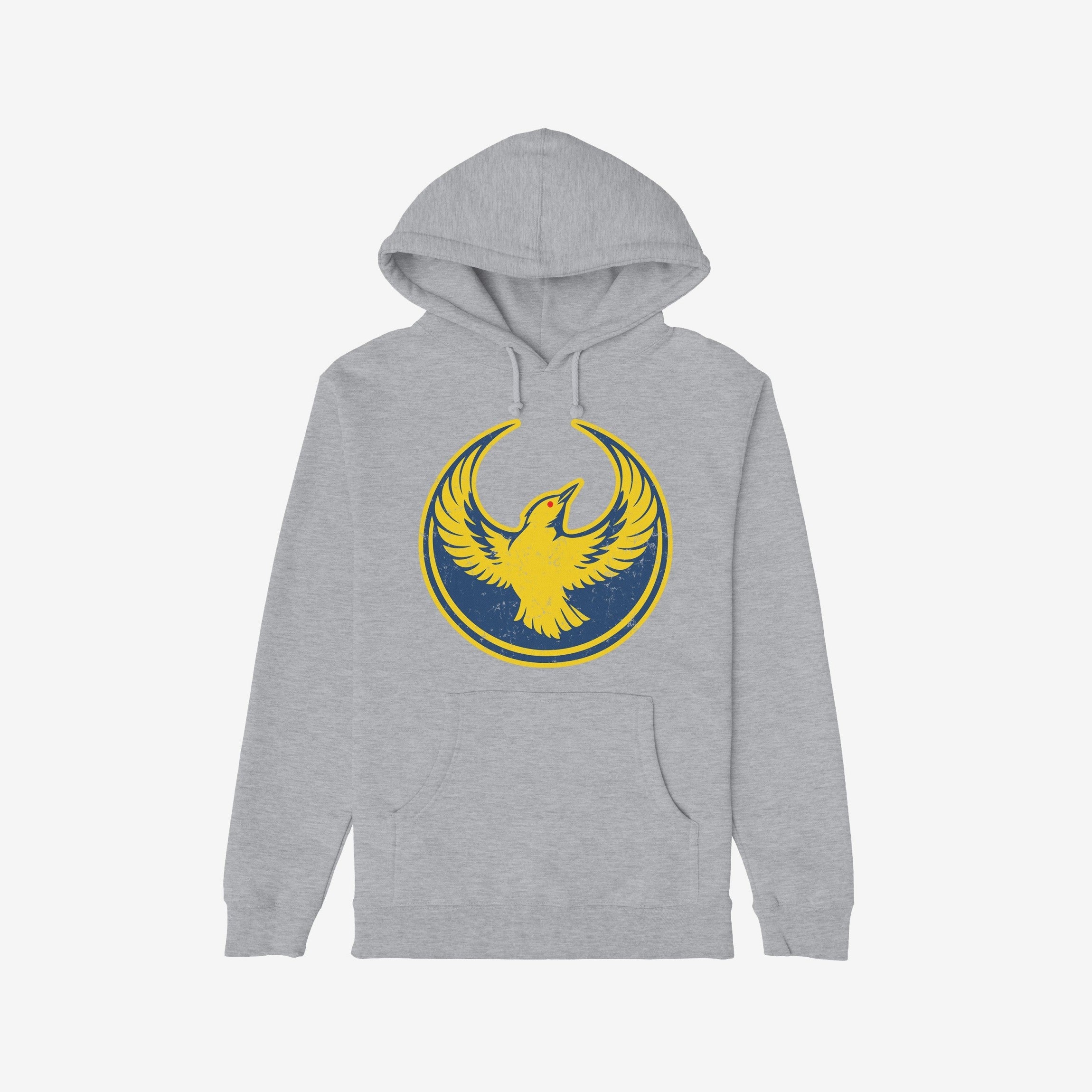 The Oregon Rebel Alliance Hoodie features a light-gray pullover design with a yellow phoenix graphic on the chest, symbolizing anti-fascist protest and community support.