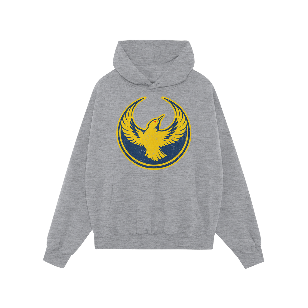 The Oregon Rebel Alliance Hoodie features a light-gray pullover design with a yellow phoenix graphic on the chest, symbolizin