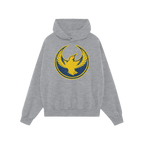 The Oregon Rebel Alliance Hoodie features a light-gray pullover design with a yellow phoenix graphic on the chest, symbolizin