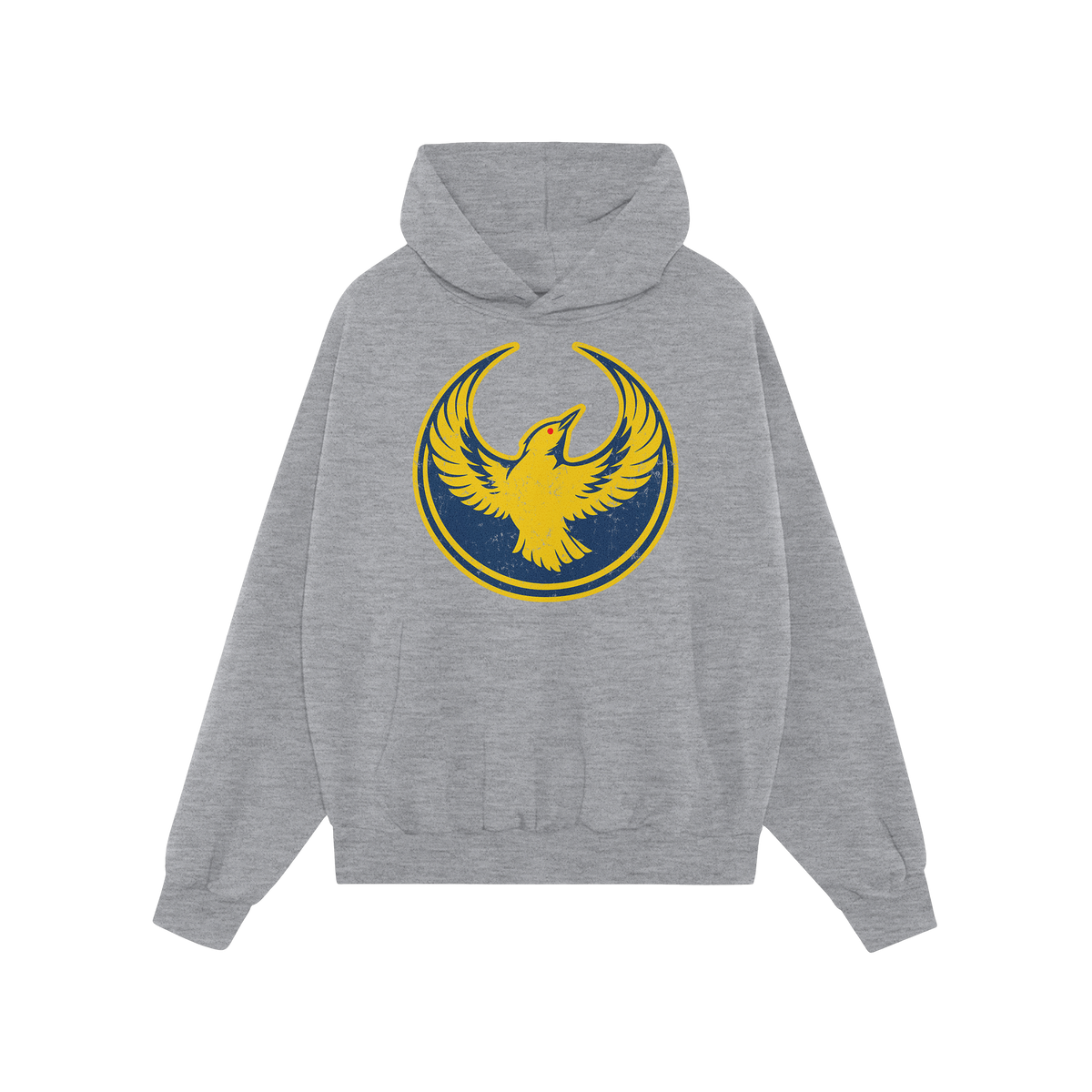 The Oregon Rebel Alliance Hoodie features a light-gray pullover design with a yellow phoenix graphic on the chest, symbolizin
