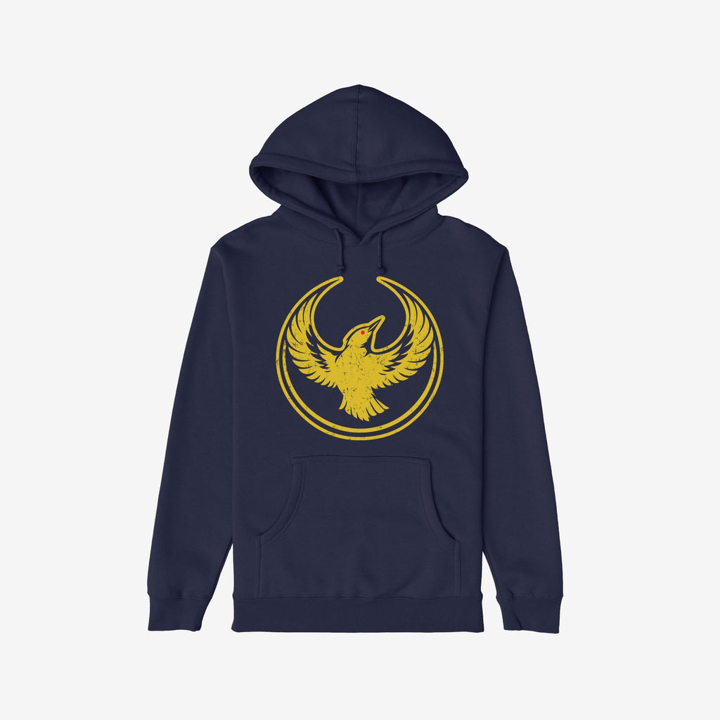 Navy-blue Oregon Rebel Alliance Hoodie with a distressed golden-yellow bird graphic, featuring a kangaroo pocket and drawstring hood, embodying anti-fascist and community support ideals.