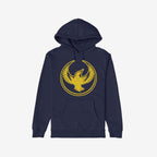 Navy-blue Oregon Rebel Alliance Hoodie with a distressed golden-yellow bird graphic, featuring a kangaroo pocket and drawstring hood, embodying anti-fascist and community support ideals.